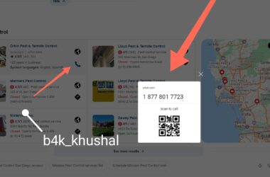 Bing search results showing pest control services with a sponsored ad displaying a phone number 1 877 801 7723 and QR code for scan to call functionality, with a map of San Diego area in the background.