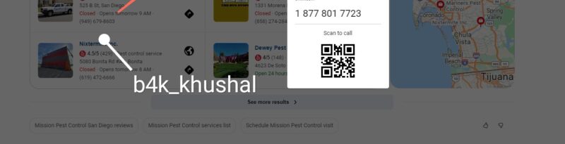 Bing search results showing pest control services with a sponsored ad displaying a phone number 1 877 801 7723 and QR code for scan to call functionality, with a map of San Diego area in the background.