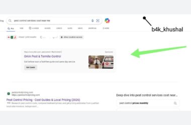 A screenshot of a Bing search results page for pest control services, showing a sponsored Orkin ad and a result for a pest control pricing guide.