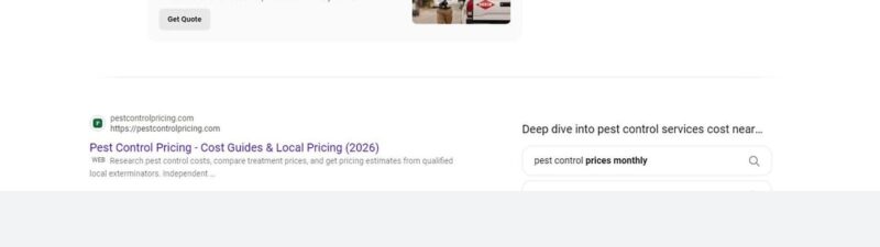 A screenshot of a Bing search results page for pest control services, showing a sponsored Orkin ad and a result for a pest control pricing guide.