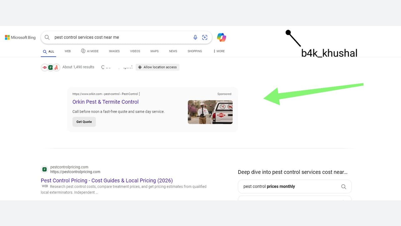 A screenshot of a Bing search results page for pest control services, showing a sponsored Orkin ad and a result for a pest control pricing guide.