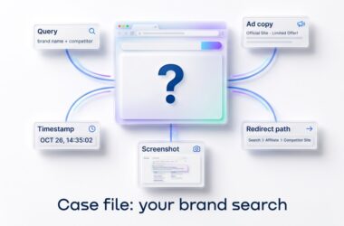 Brand search case file showing the query, ad copy, timestamp, screenshot and redirect path behind a competing ad