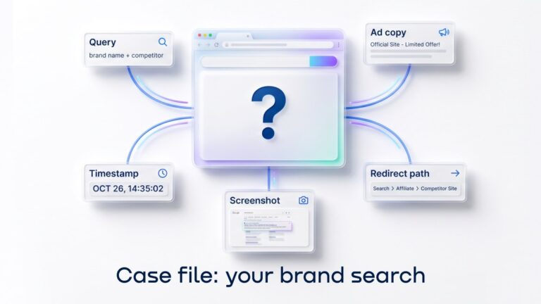 Brand search case file showing the query, ad copy, timestamp, screenshot and redirect path behind a competing ad