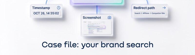 Brand search case file showing the query, ad copy, timestamp, screenshot and redirect path behind a competing ad