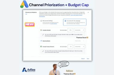 A screenshot of a Google Ads interface showing the “Channel prioritization” settings menu, featuring options to set budget caps and priority tiers for Google channels, search partners, and the Google Display Network.