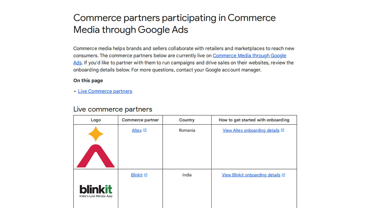 Table listing commerce partners Altex and Blinkit, including their countries and links to onboarding details.