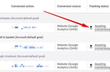 A table of conversion actions showing three rows with “Awaiting conversions” status, indicated by an hourglass icon and a red arrow pointing to one of them.