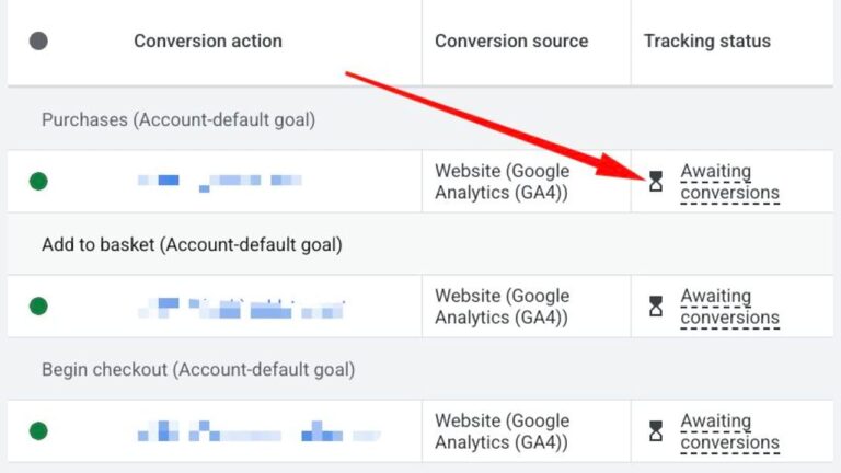 A table of conversion actions showing three rows with “Awaiting conversions” status, indicated by an hourglass icon and a red arrow pointing to one of them.