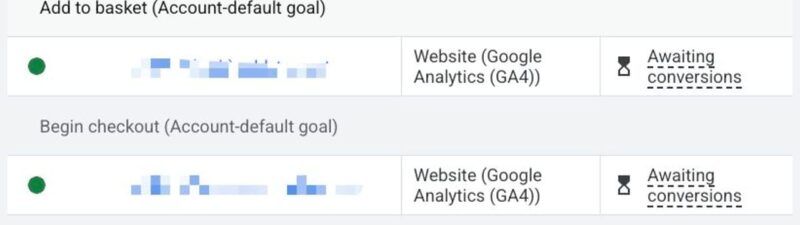 A table of conversion actions showing three rows with “Awaiting conversions” status, indicated by an hourglass icon and a red arrow pointing to one of them.