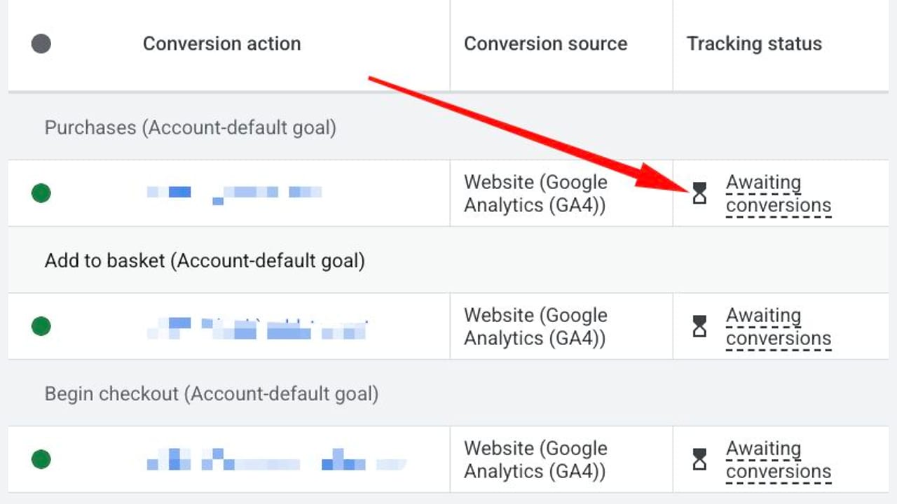 A table of conversion actions showing three rows with “Awaiting conversions” status, indicated by an hourglass icon and a red arrow pointing to one of them.