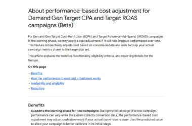 Screenshot of Google Ads help documentation explaining performance-based cost adjustment feature for Demand Gen Target CPA and Target ROAS campaigns during the learning phase