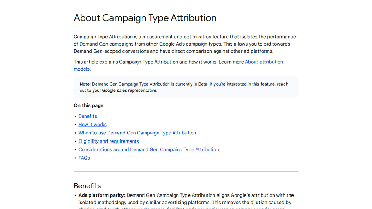 Help article titled About Campaign Type Attribution, describing a Google Ads feature, its benefits, and implementation guidelines.