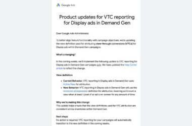 Google Ads announcement regarding updates to view-through conversion reporting for Display ads in Demand Gen campaigns, explaining the transition from Active View to rendered ad impression definition.