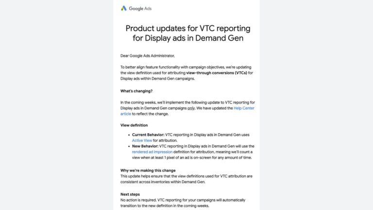 Google Ads announcement regarding updates to view-through conversion reporting for Display ads in Demand Gen campaigns, explaining the transition from Active View to rendered ad impression definition.