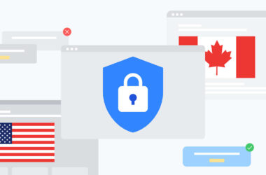 Browser windows displaying a security shield with a padlock icon, a Canadian flag, and a United States flag.