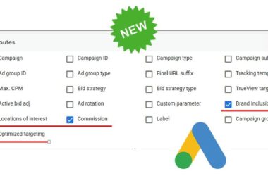 Screenshot of Google Ads new attribute columns selection panel showing checked options for Locations of interest, Commission, Brand Inclusions, and Optimized targeting among various campaign and ad group settings.