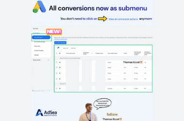 A graphic showing a Google Ads interface update where “All conversions” is now a submenu, with text explaining that users no longer need to click “View all conversion actions.”