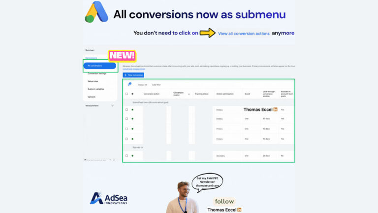 A graphic showing a Google Ads interface update where “All conversions” is now a submenu, with text explaining that users no longer need to click “View all conversion actions.”