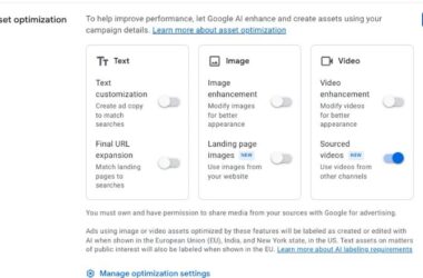 Google Ads asset optimization settings panel showing text, image, and video enhancement options with the sourced videos toggle enabled in blue.
