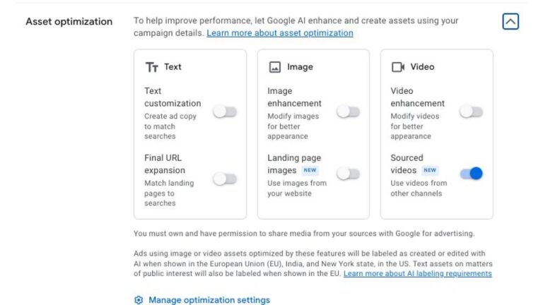 Google Ads asset optimization settings panel showing text, image, and video enhancement options with the sourced videos toggle enabled in blue.