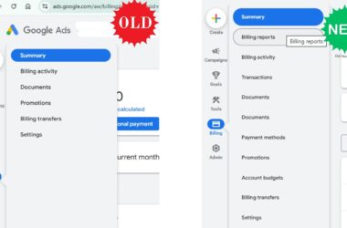 Side-by-side comparison of Google Ads billing menu showing old layout on left with vertical menu items and new redesigned layout on right with updated navigation structure