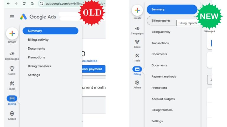 Side-by-side comparison of Google Ads billing menu showing old layout on left with vertical menu items and new redesigned layout on right with updated navigation structure