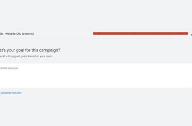 Screenshot of Google Ads campaign creation interface showing Website URL field and goal selection prompt with text input area for describing campaign objectives