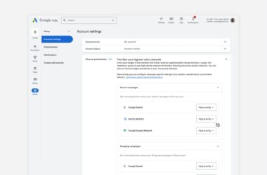 Google Ads account settings interface showing channel prioritization settings for search and shopping campaigns.