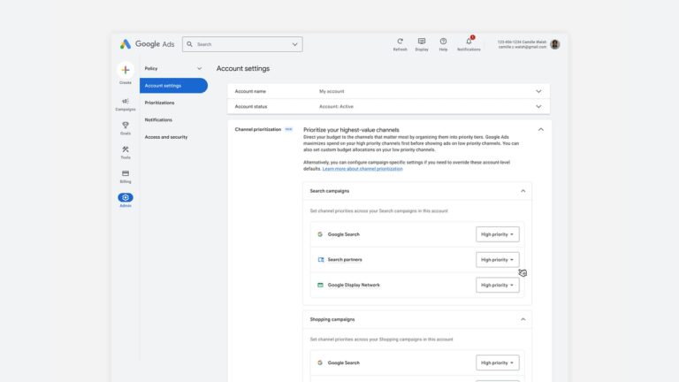 Google Ads account settings interface showing channel prioritization settings for search and shopping campaigns.