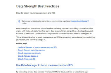 Screenshot of Google's Data Strength Best Practices guide showing steps to boost measurement and ROI through connecting data sources, maximizing signals, and activating Google AI