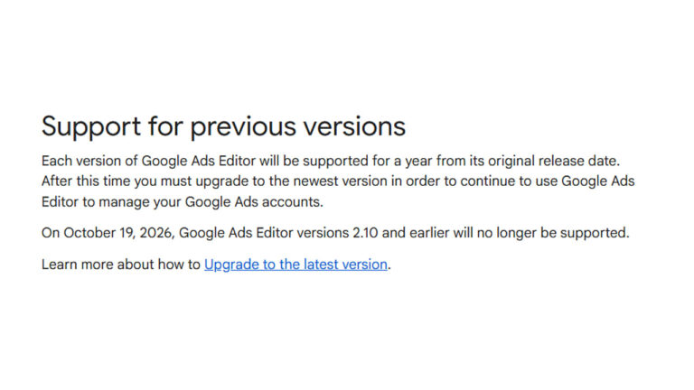 Screenshot of Google's support notice about Google Ads Editor version support ending October 19, 2026, with upgrade instructions for versions 2.10 and earlier.