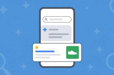Flat vector illustration of a smartphone showing a Google AI Overview with a sponsored product ad card overlapping it