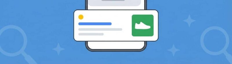 Flat vector illustration of a smartphone showing a Google AI Overview with a sponsored product ad card overlapping it