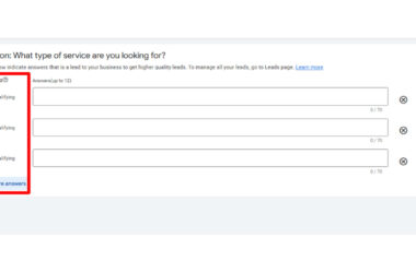 Screenshot of Google Ads lead form question builder showing lead scoring options for qualifying service types with multiple answer fields and character limits.