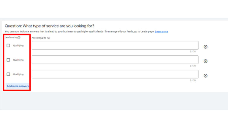 Screenshot of Google Ads lead form question builder showing lead scoring options for qualifying service types with multiple answer fields and character limits.