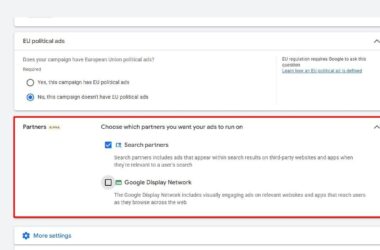 A settings menu for Google Ads with the Search partners checkbox selected, followed by the unselected Google Display Network checkbox.