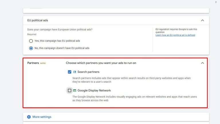 A settings menu for Google Ads with the Search partners checkbox selected, followed by the unselected Google Display Network checkbox.
