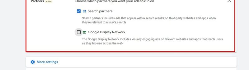 A settings menu for Google Ads with the Search partners checkbox selected, followed by the unselected Google Display Network checkbox.