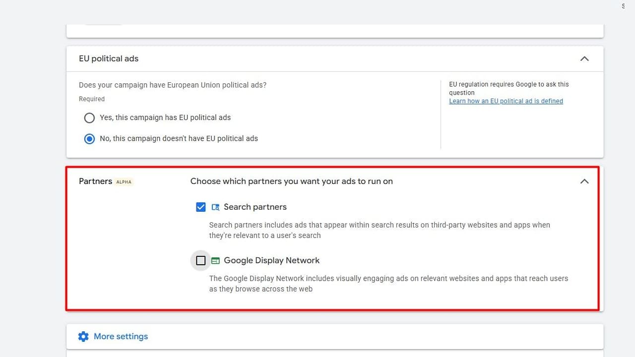 A settings menu for Google Ads with the Search partners checkbox selected, followed by the unselected Google Display Network checkbox.