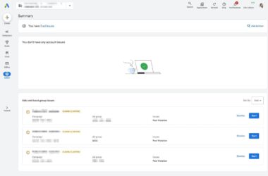 Google Ads account summary showing 3 ad issues with eligibility warnings and policy violation notifications in the centralized issue tracking dashboard