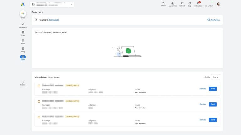 Google Ads account summary showing 3 ad issues with eligibility warnings and policy violation notifications in the centralized issue tracking dashboard