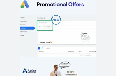 A screenshot of a Google Ads dashboard showing a “Promotions” tab with a green box highlighting the “Promotional offers” filter set to “Status: OFFERED.”