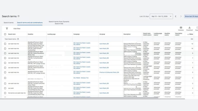 A table displaying Google Ads search term performance metrics, including columns for search terms, headlines, campaign names, ad groups, and click counts.