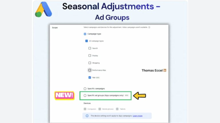 A Google Ads interface showing the Seasonal Adjustments settings, with the “Specific ad groups (App campaigns only)” option highlighted by a green box and a yellow arrow.