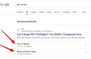 A Google search results page for “ppc service” showing a sponsored result for 5k.co, with red arrows pointing to “How It Works” and “We’re a Senior Team” sitelinks.