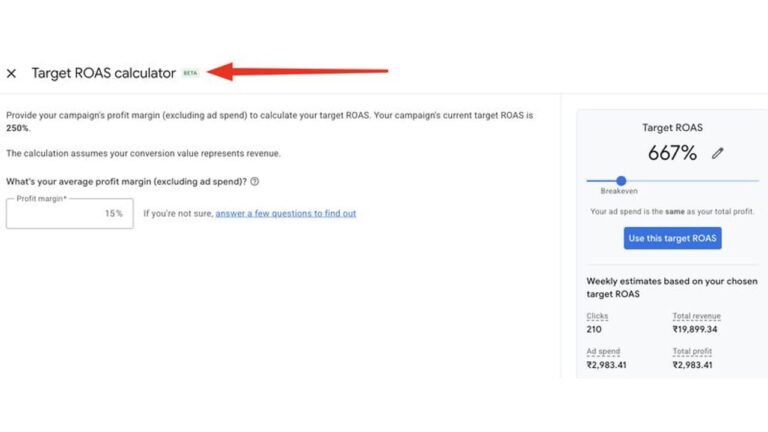 Screenshot of Google Ads Target ROAS calculator showing 667% target ROAS calculation based on 15% profit margin input, with weekly performance estimates displaying 210 clicks, ₹19,899.34 revenue, ₹2,983.41 ad spend, and ₹2,983.41 total profit.