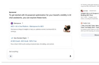 A search results page showing sponsored AI-powered optimization tools, including listings for Siteimprove and New Standard Digital, alongside a chat interface at the bottom and a sidebar of related SEO articles.