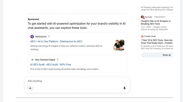 A search results page showing sponsored AI-powered optimization tools, including listings for Siteimprove and New Standard Digital, alongside a chat interface at the bottom and a sidebar of related SEO articles.