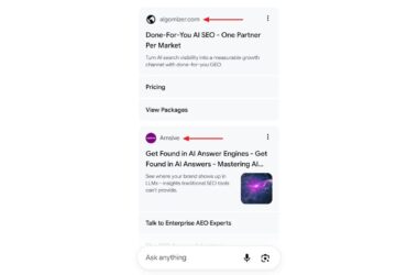Screenshot showing AI-powered SEO and answer engine marketing solutions from Algomizer and Amsive displayed in Google's AI mode search results interface