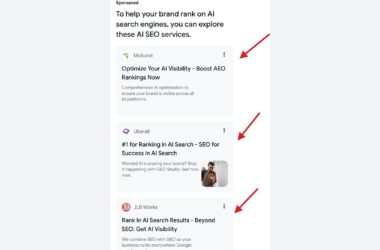 Three sponsored AI search engine optimization service listings from Moburst, Uberall, and JLB Works, each indicated by a red arrow.